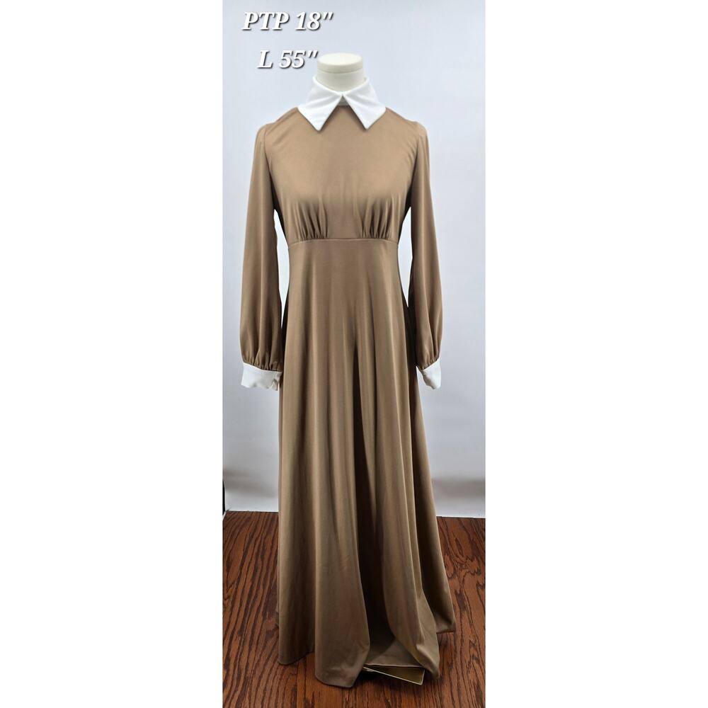 Vintage 70s Minimalist Peter Pan Collared Brown Empire Maxi Dark Academia Modest